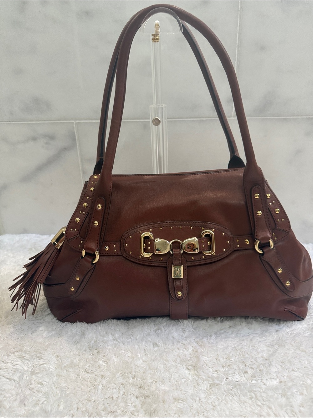Cole Haan Chestnut Brown Leather Shoulder Bag with Gold Hardware